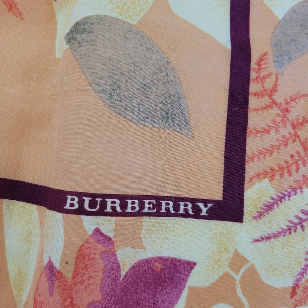 Burberry Silk Square Scarf Orange Yellow Autumn Leaf Fern Botanical Print 22x22